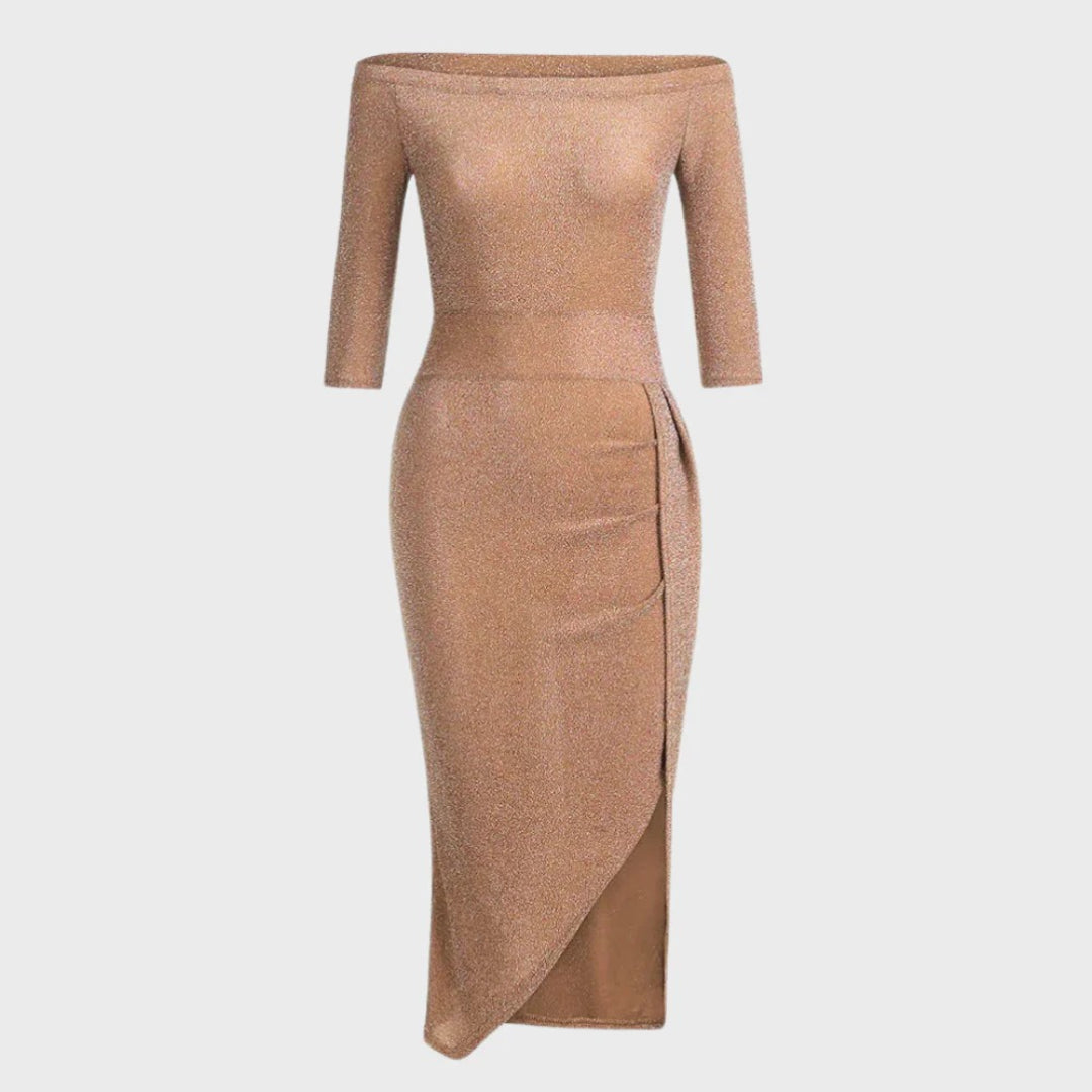Ruched Off-Shoulder Midi Dress with High Slit