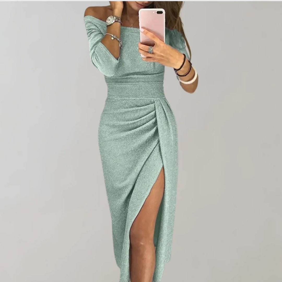 Ruched Off-Shoulder Midi Dress with High Slit