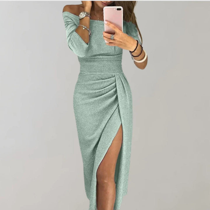 Ruched Off-Shoulder Midi Dress with High Slit