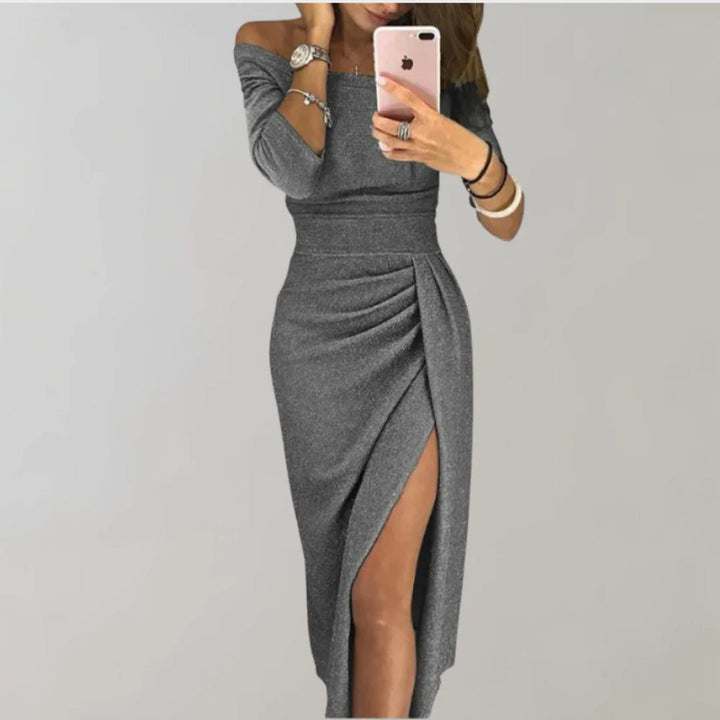 Ruched Off-Shoulder Midi Dress with High Slit