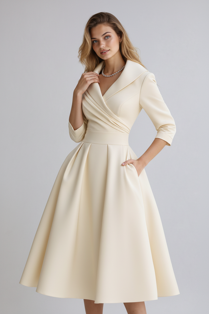 Women's Tailored Long Sleeve Midi Dress with Spread Collar