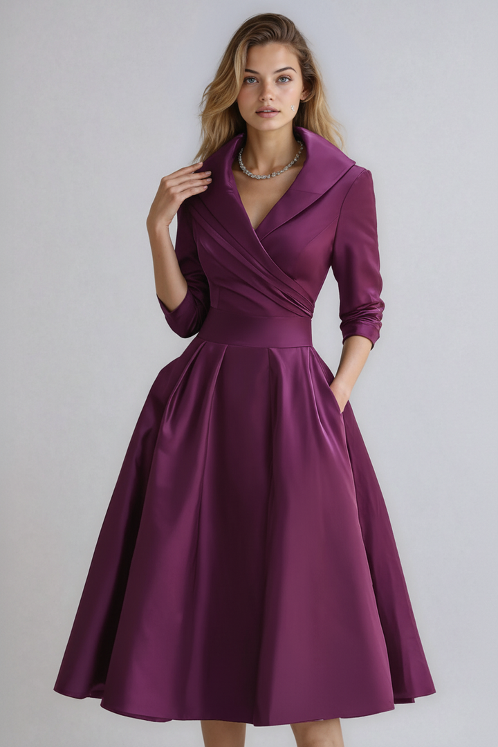 Women's Tailored Long Sleeve Midi Dress with Spread Collar