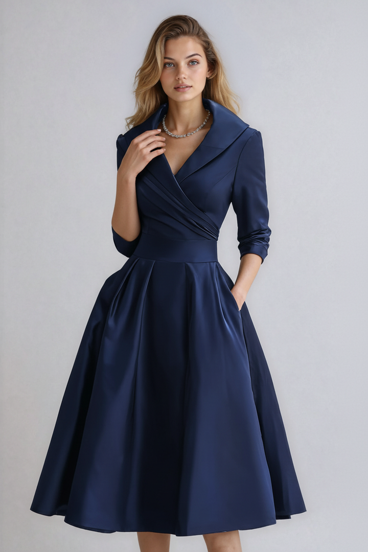 Women's Tailored Long Sleeve Midi Dress with Spread Collar