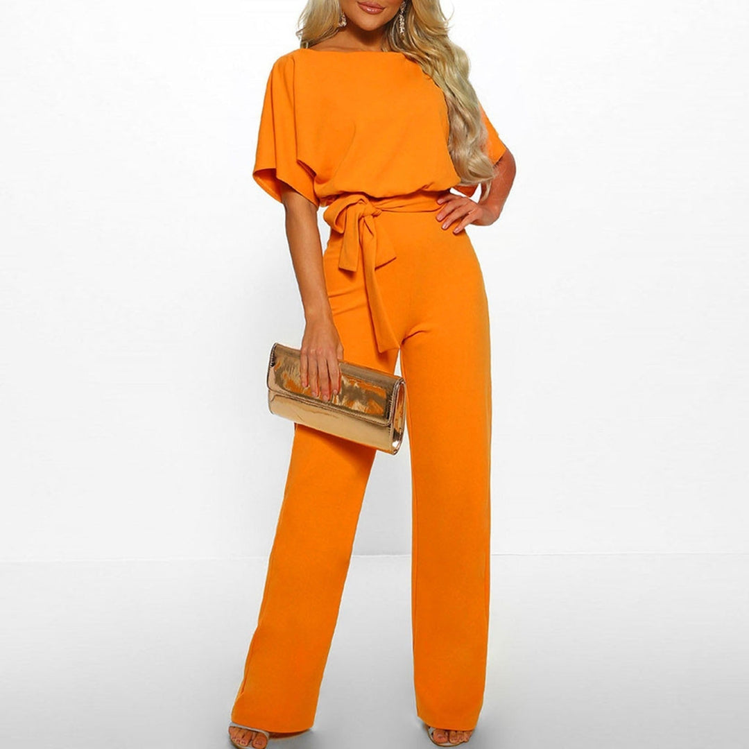 Women's Wide-Leg Short Sleeve Jumpsuit with Tie Waist Detail