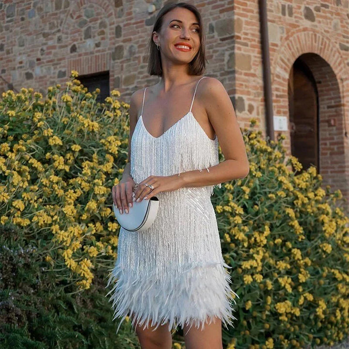 Women's Mini Dress with Feather Fringe Hem