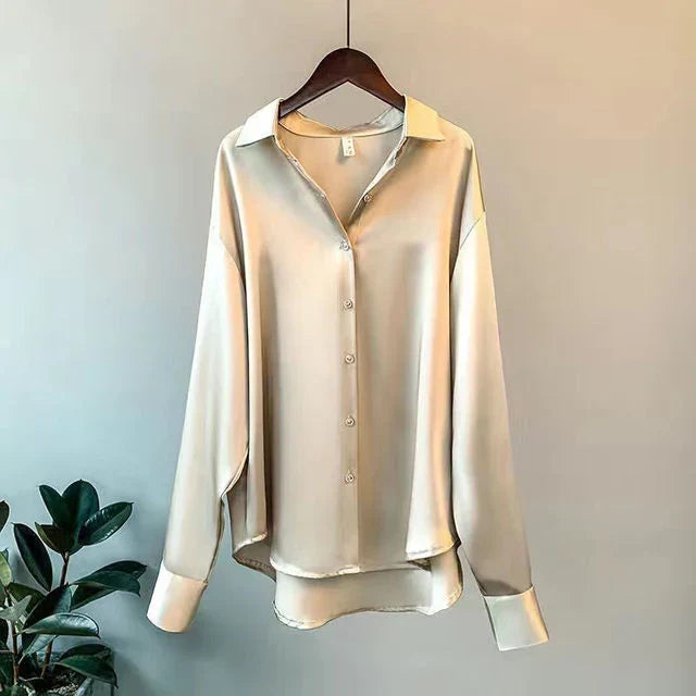 Women's Loose Fit Satin Blouse with Button-Down Front