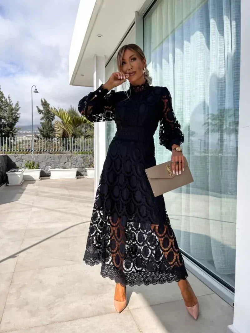 Women's Lace Evening Dress with Long Sleeves and an Elegant Fit