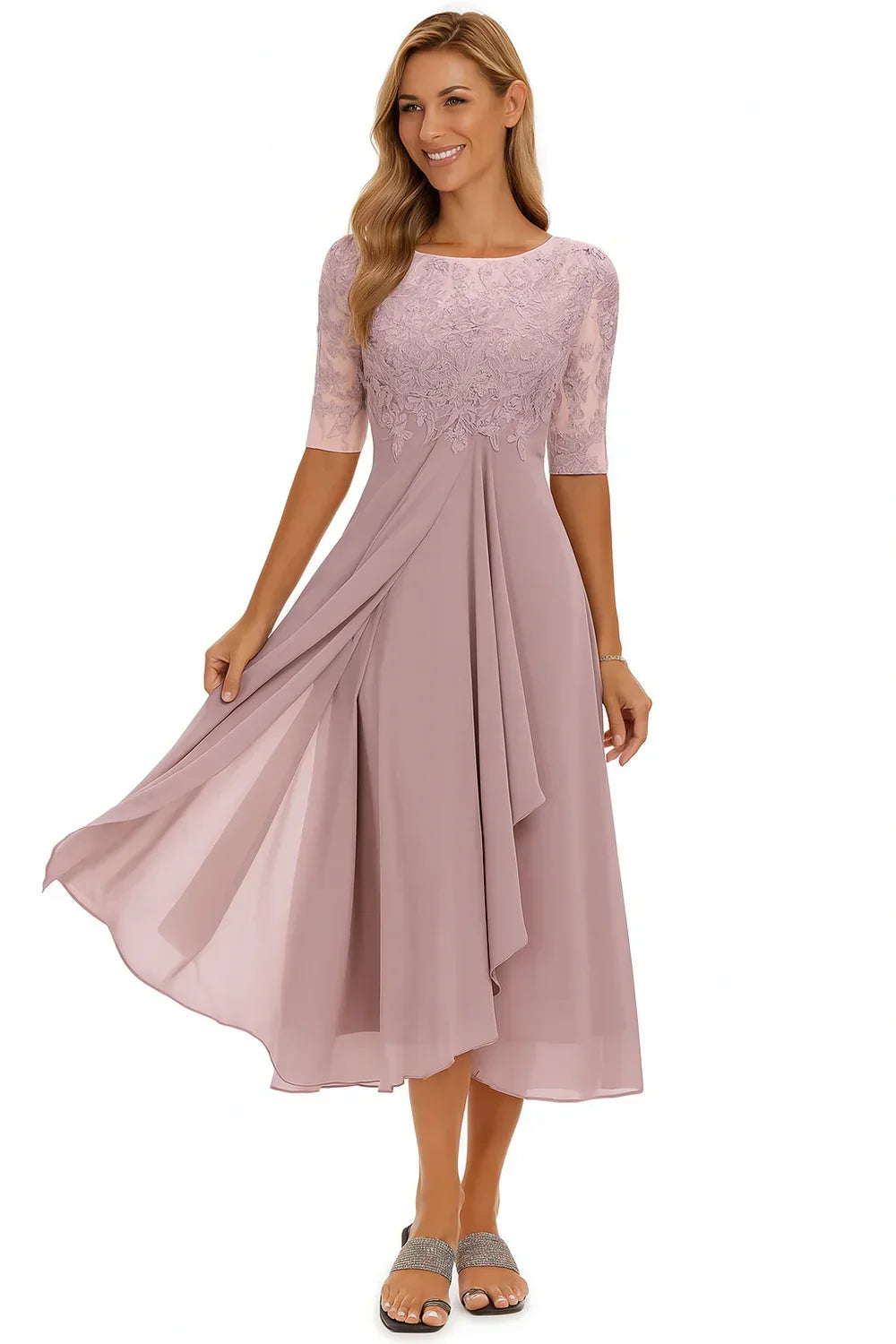 Lace and Chiffon Midi Dress with Short Sleeves and Flared Hem