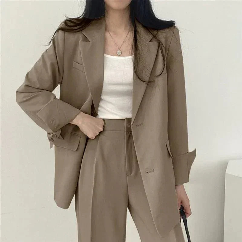 Women's Tailored Suit Set with Long Blazer and Matching Trousers