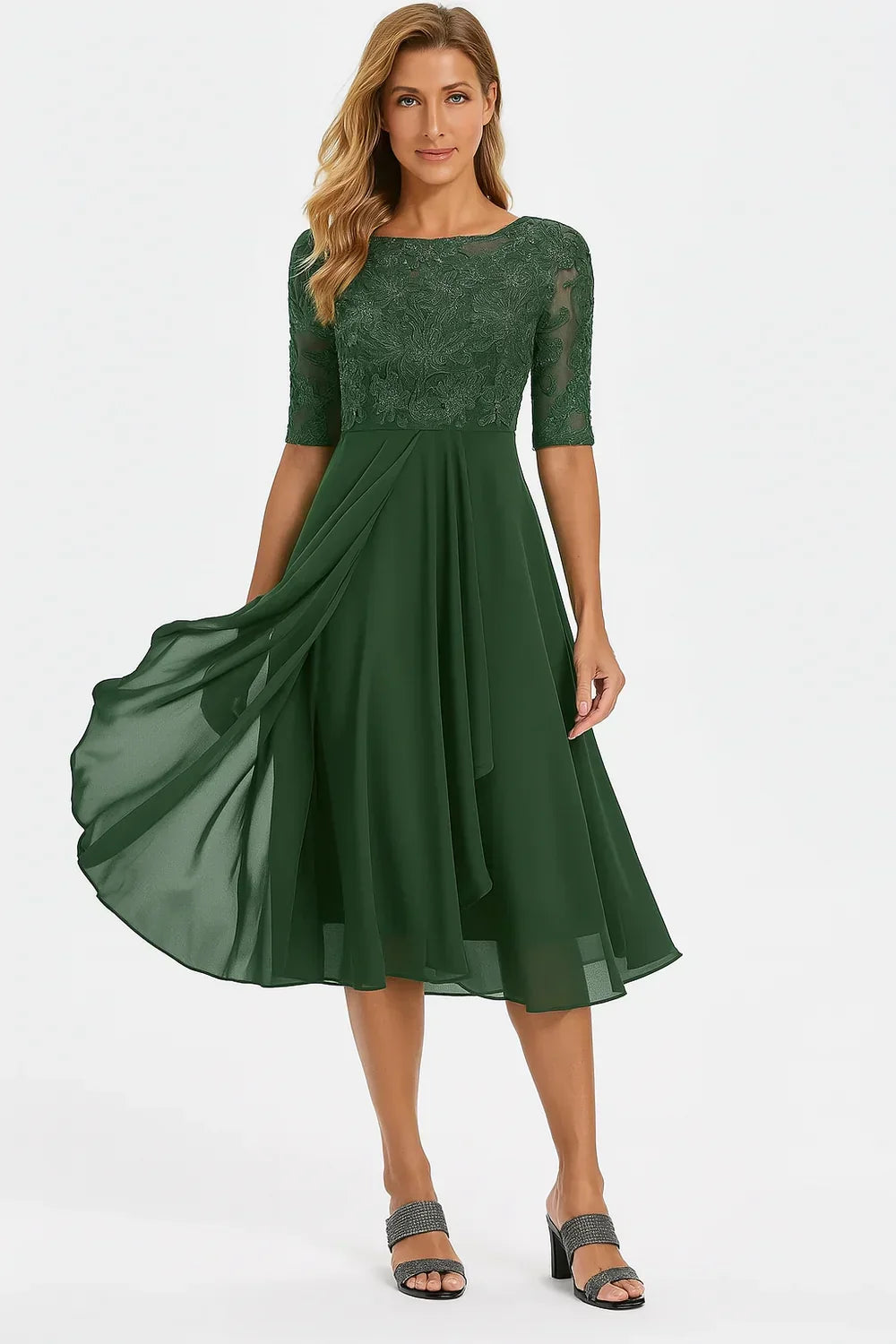 Women's Short-Sleeve Lace and Chiffon Midi Dress with A-Line Skirt