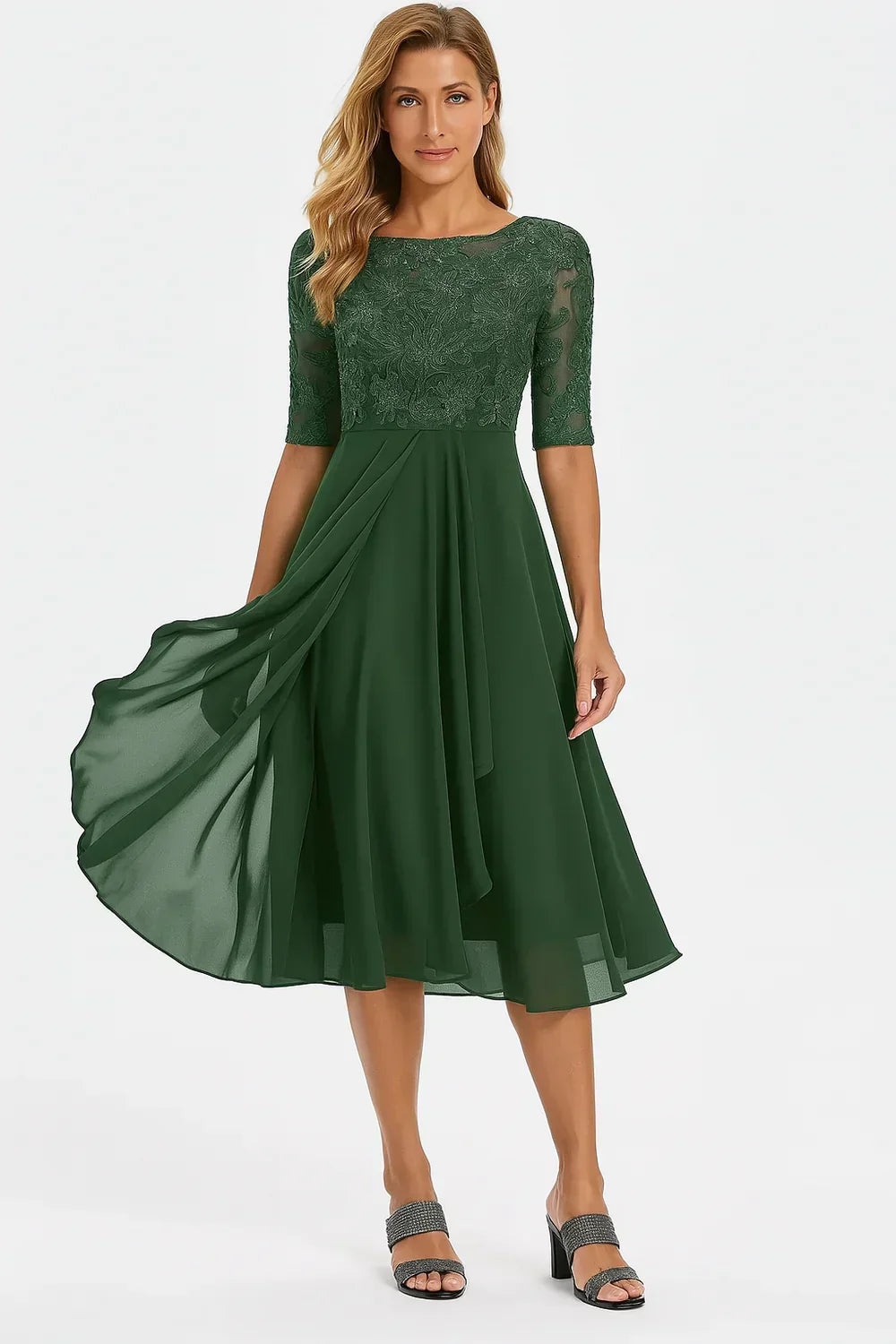 Lace and Chiffon Midi Dress with Short Sleeves and Flared Hem