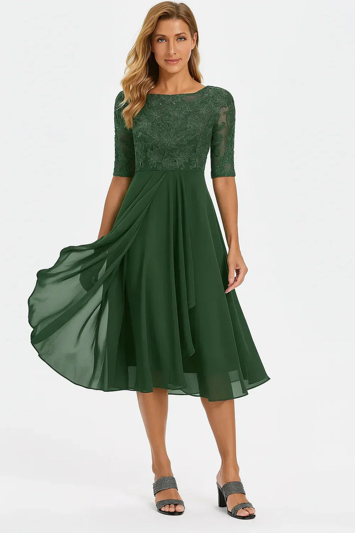 Lace and Chiffon Midi Dress with Short Sleeves and Flared Hem