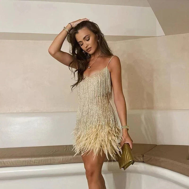 Women's Mini Dress with Feather Fringe Hem