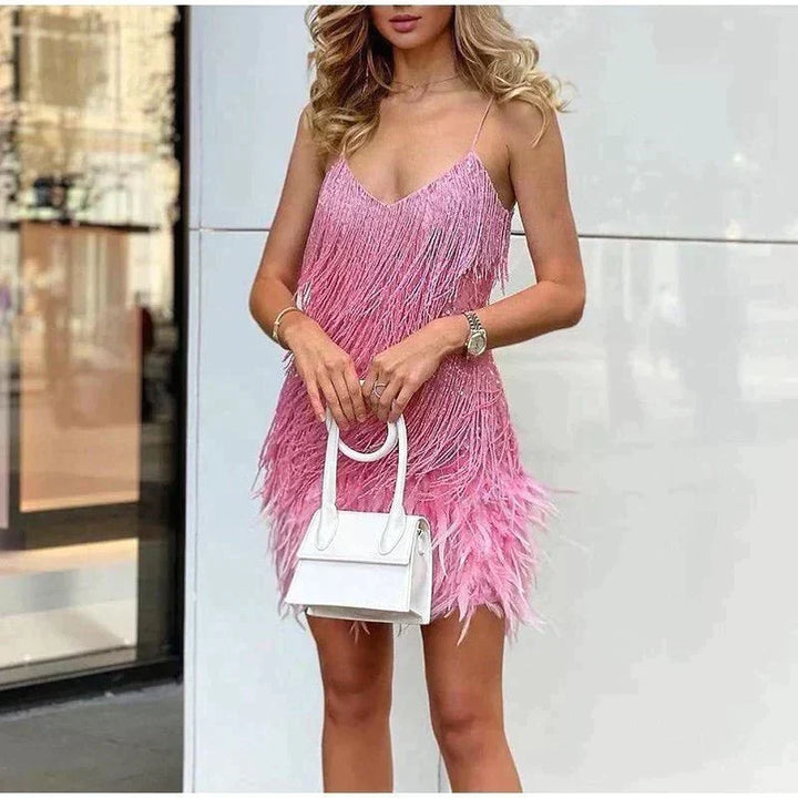 Women's Mini Dress with Feather Fringe Hem