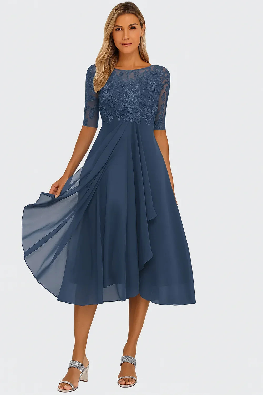 Women's Short-Sleeve Lace and Chiffon Midi Dress with A-Line Skirt