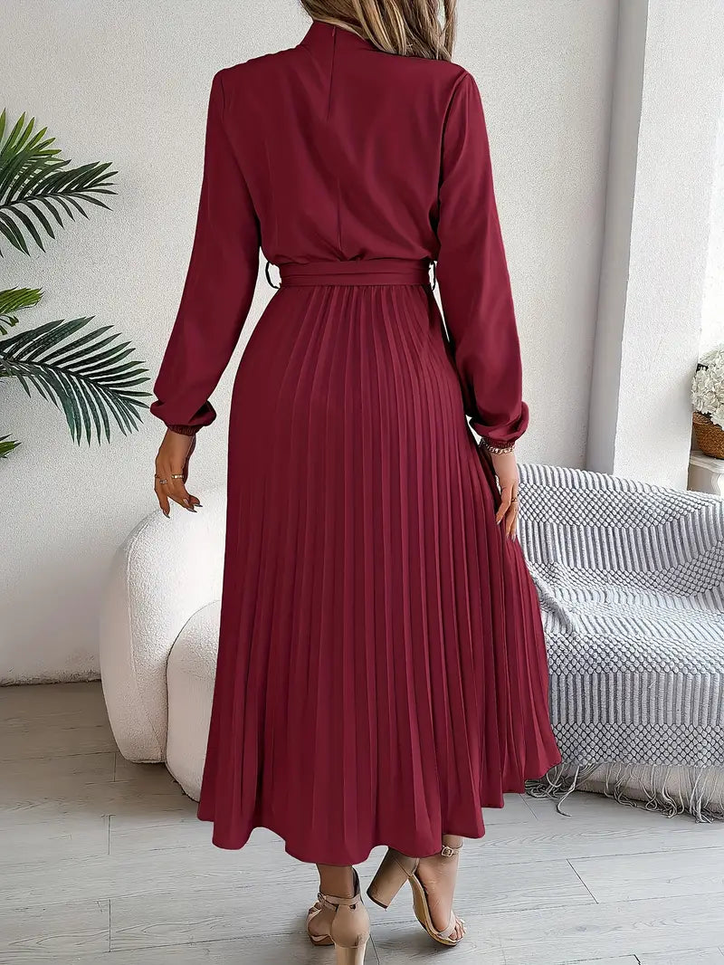 Women's Long-Sleeve Pleated Midi Dress with Matching Waist Belt
