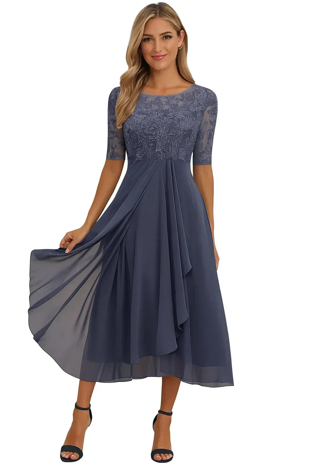 Lace and Chiffon Midi Dress with Short Sleeves and Flared Hem