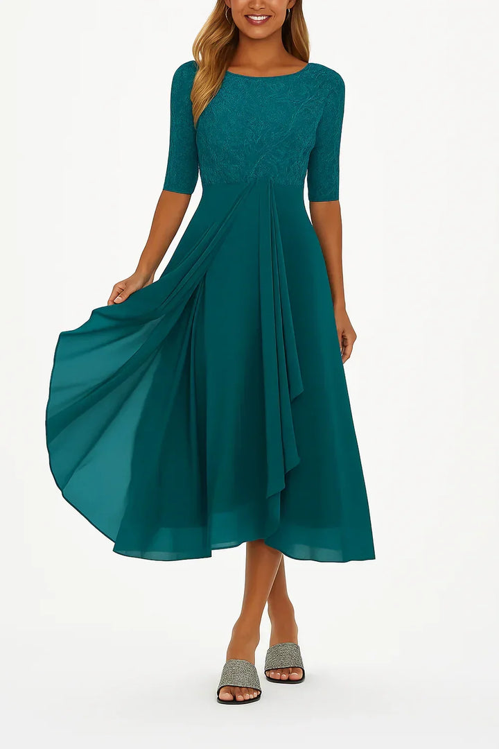 Lace and Chiffon Midi Dress with Short Sleeves and Flared Hem