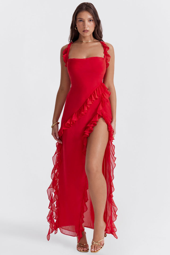 Elegant Ruffle Dress with a Bold Side Slit