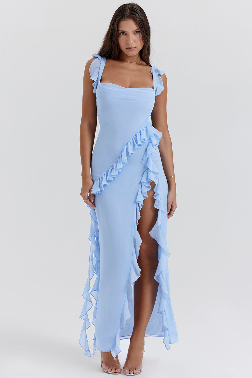 Elegant Ruffle Dress with a Bold Side Slit
