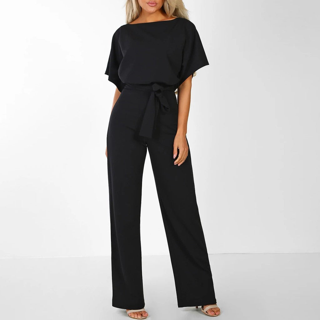 Women's Wide-Leg Short Sleeve Jumpsuit with Tie Waist Detail