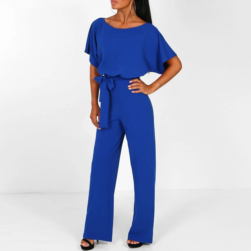 Women's Wide-Leg Short Sleeve Jumpsuit with Tie Waist Detail