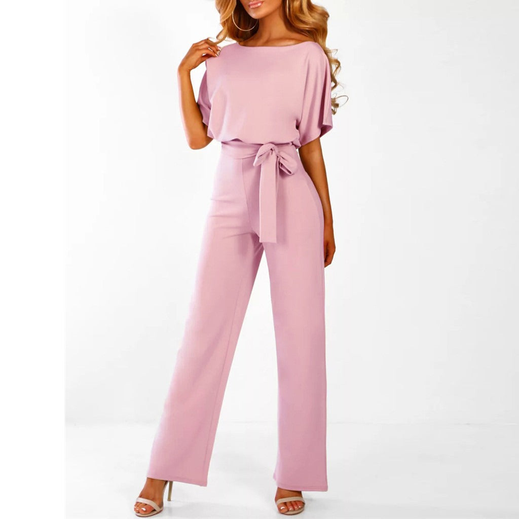 Women's Wide-Leg Short Sleeve Jumpsuit with Tie Waist Detail