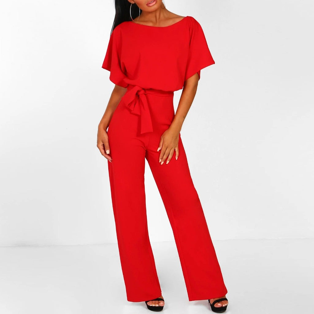Women's Wide-Leg Short Sleeve Jumpsuit with Tie Waist Detail