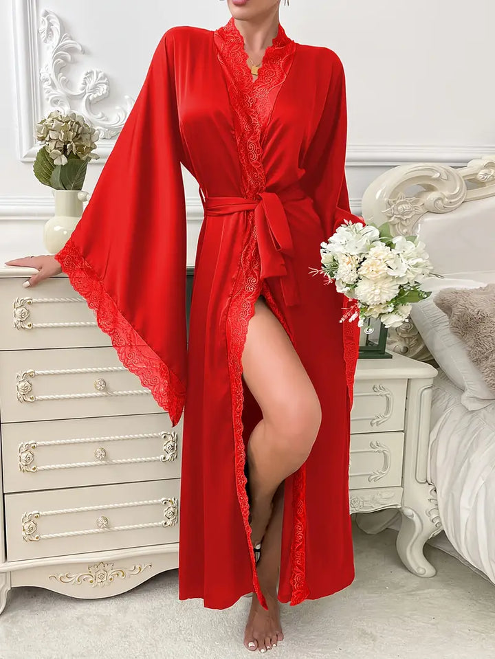 Women's Belted Lace Kimono with Wide Flowing Sleeves