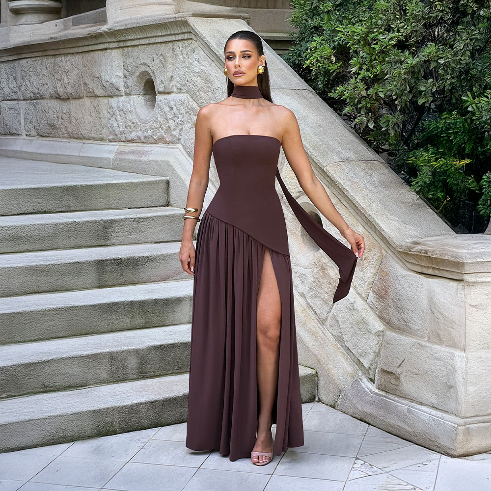 Strapless Dress with Asymmetric Hem and High Slit
