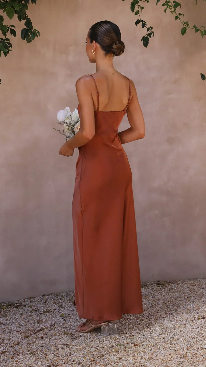 Straight-Neck Slip Dress, Sleeveless Midi Gown with Side Slit