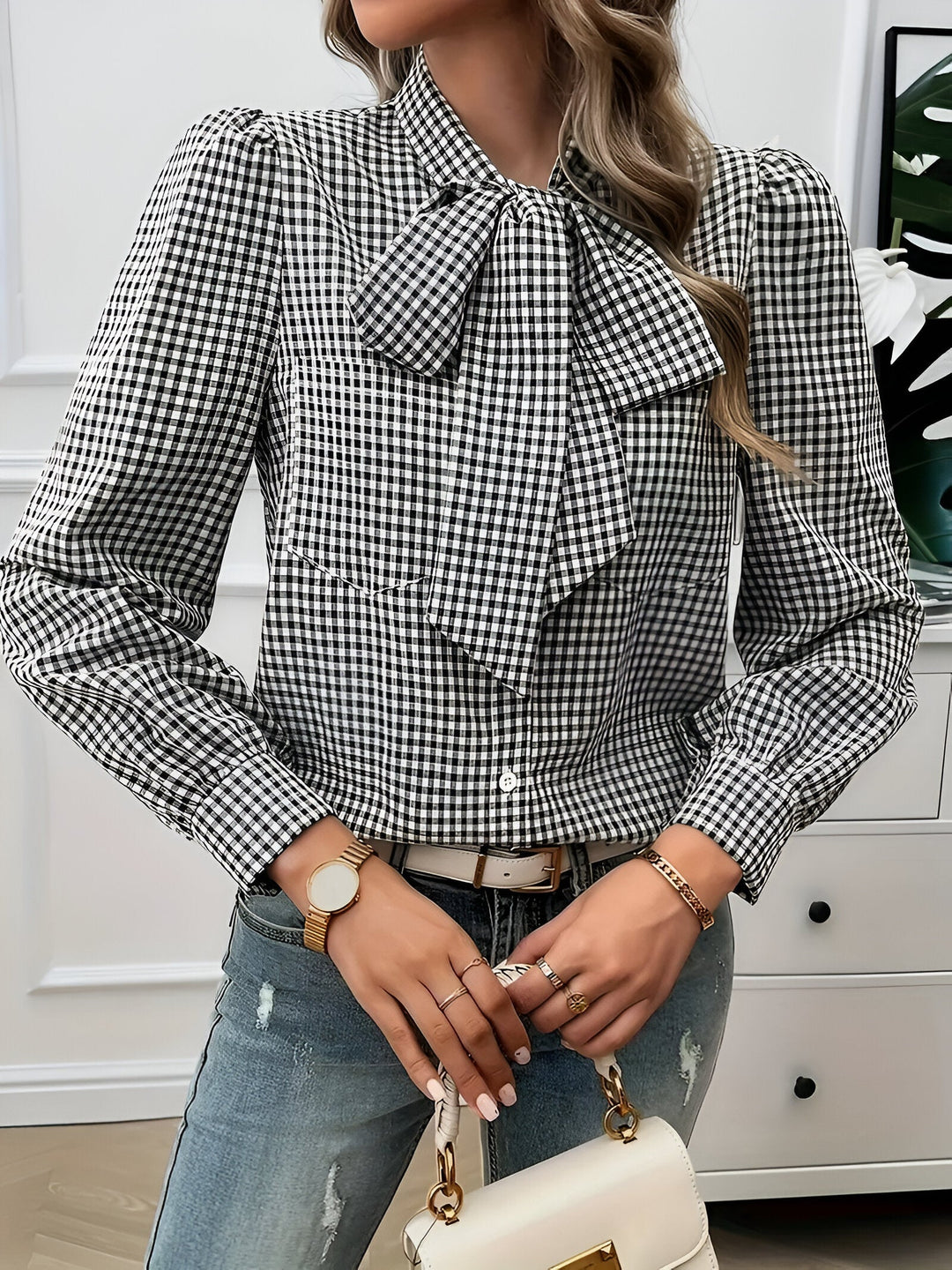 Women's Check Print Blouse with Tie Neck