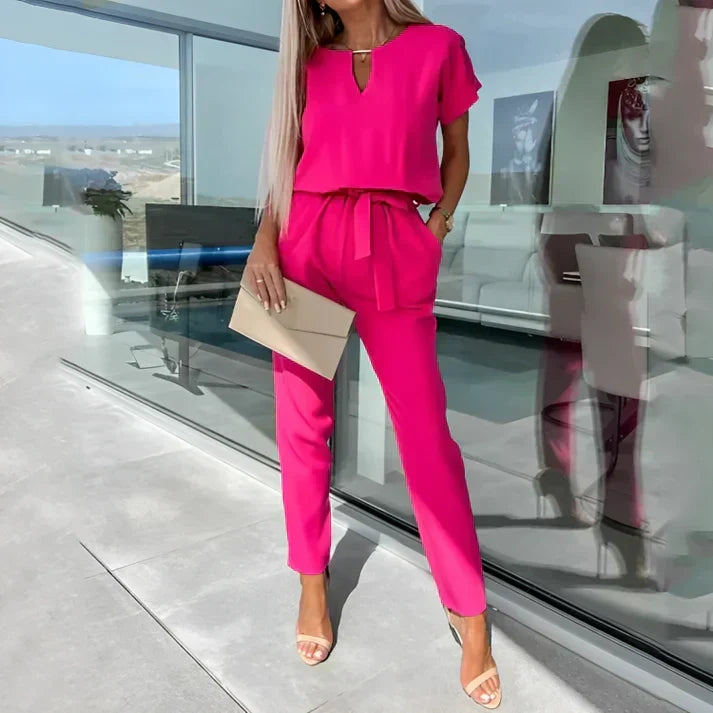 Women's Two Piece Set with Short Sleeve Top and Straight Leg Pants