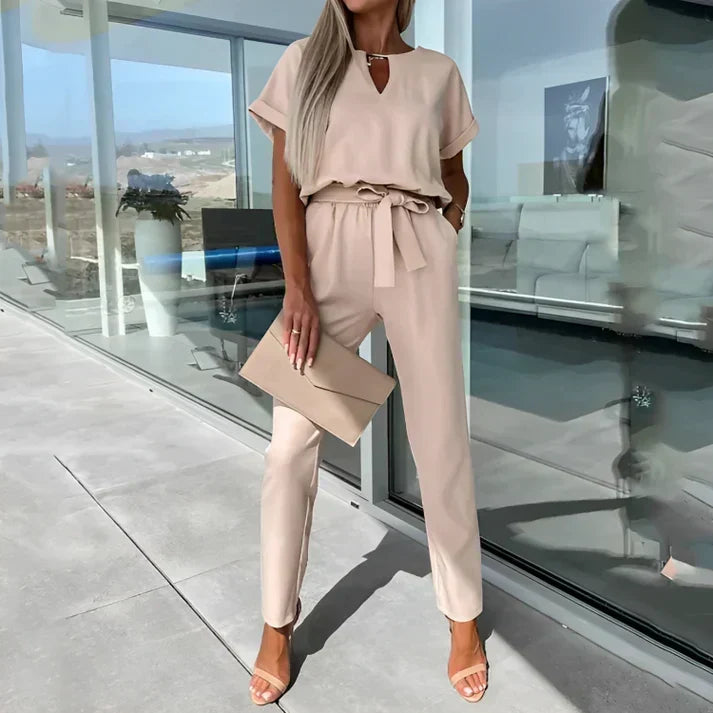 Women's Two Piece Set with Short Sleeve Top and Straight Leg Pants