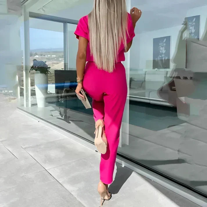 Women's Two Piece Set with Short Sleeve Top and Straight Leg Pants