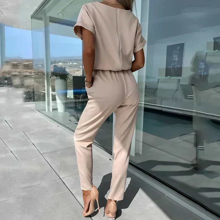 Women's Two Piece Set with Short Sleeve Top and Straight Leg Pants