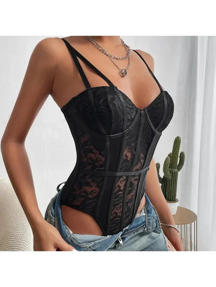Embroidered Corset-Style Bodysuit with a Fitted Cut