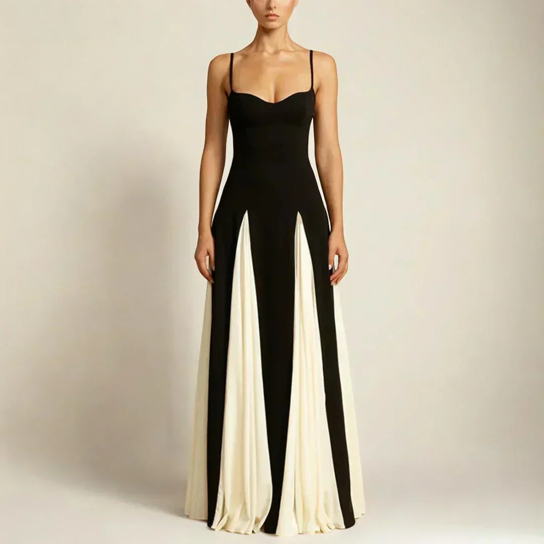 Contrast-Panel Evening Dress with Fine Spaghetti Straps