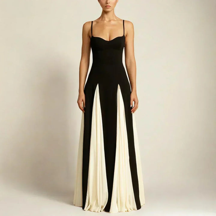Contrast-Panel Evening Dress with Fine Spaghetti Straps