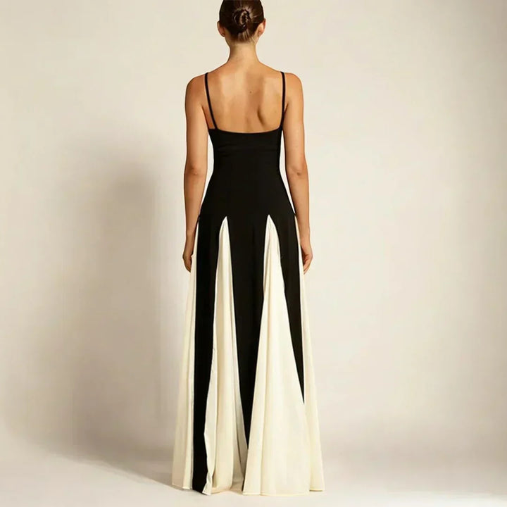 Contrast-Panel Evening Dress with Fine Spaghetti Straps