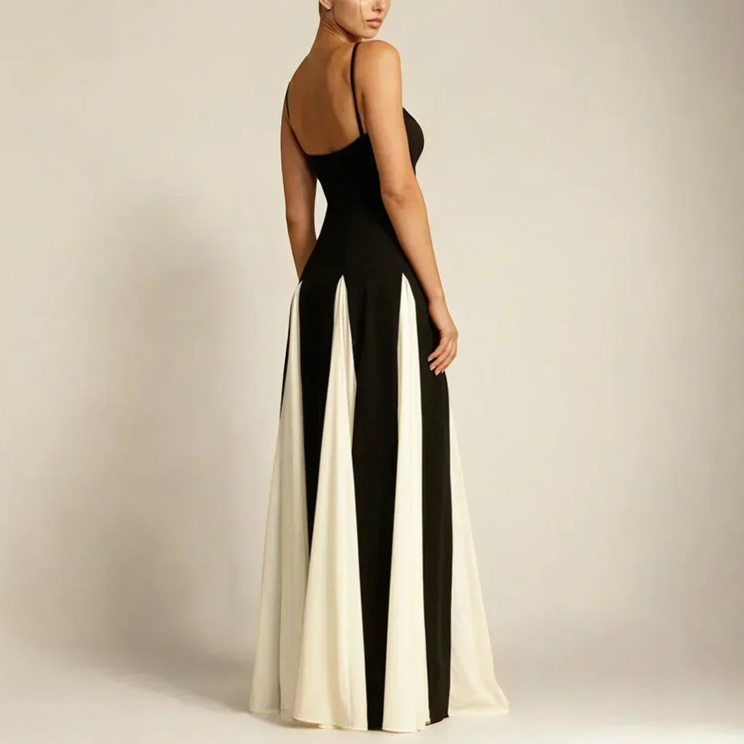 Contrast-Panel Evening Dress with Fine Spaghetti Straps