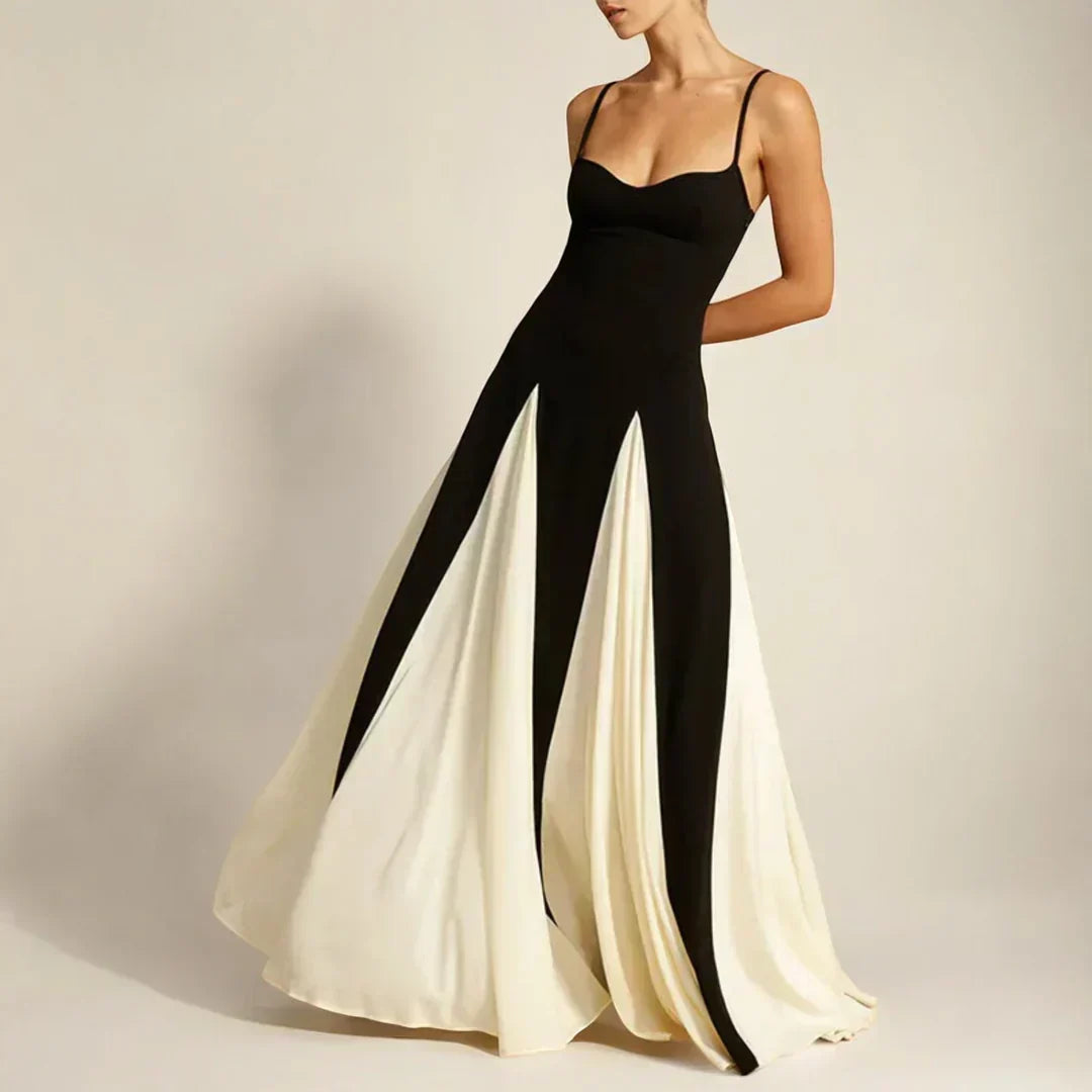Contrast-Panel Evening Dress with Fine Spaghetti Straps