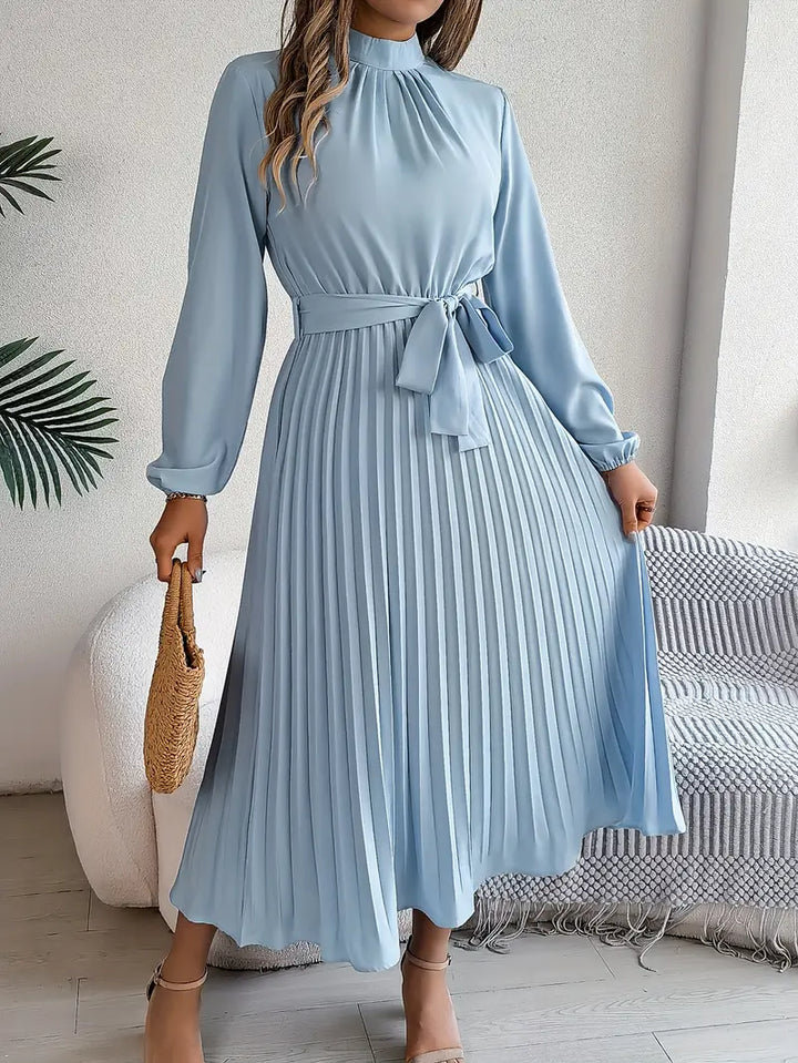 Women's Long-Sleeve Pleated Midi Dress with Matching Waist Belt