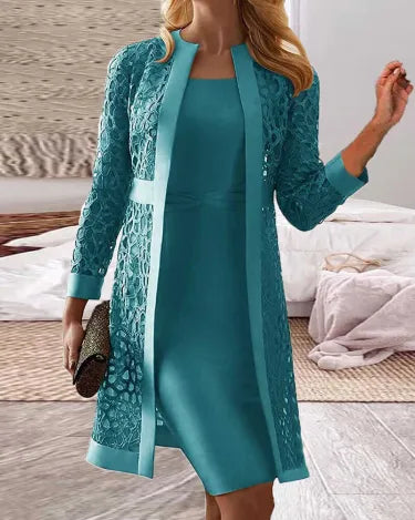 Two-Piece Knee-Length Dress and Floral Lace Jacket Set