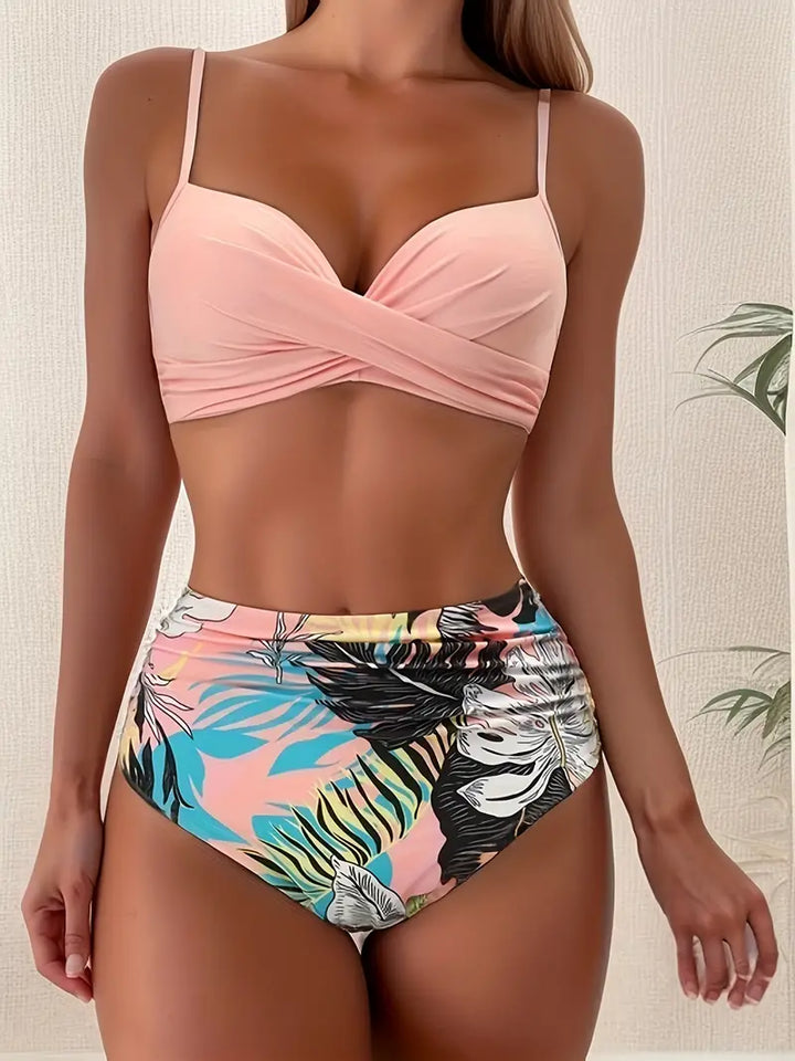 Women's High-Waisted Tropical Bikini Set with V-Neck Top