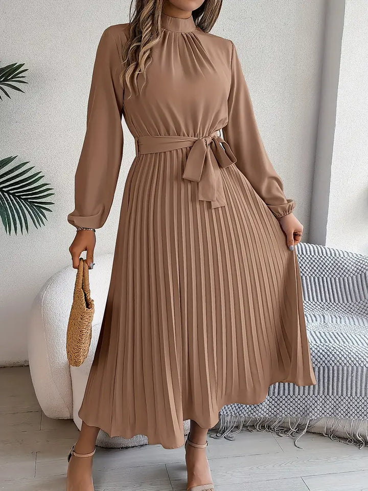 Women's Long-Sleeve Pleated Midi Dress with Matching Waist Belt