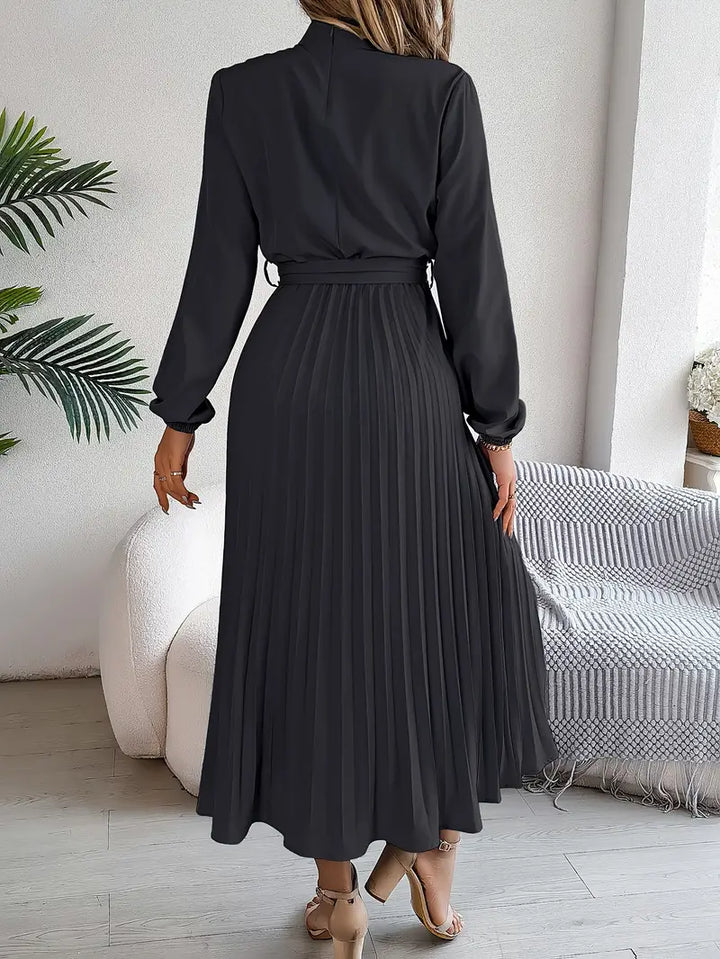 Women's Long-Sleeve Pleated Midi Dress with Matching Waist Belt