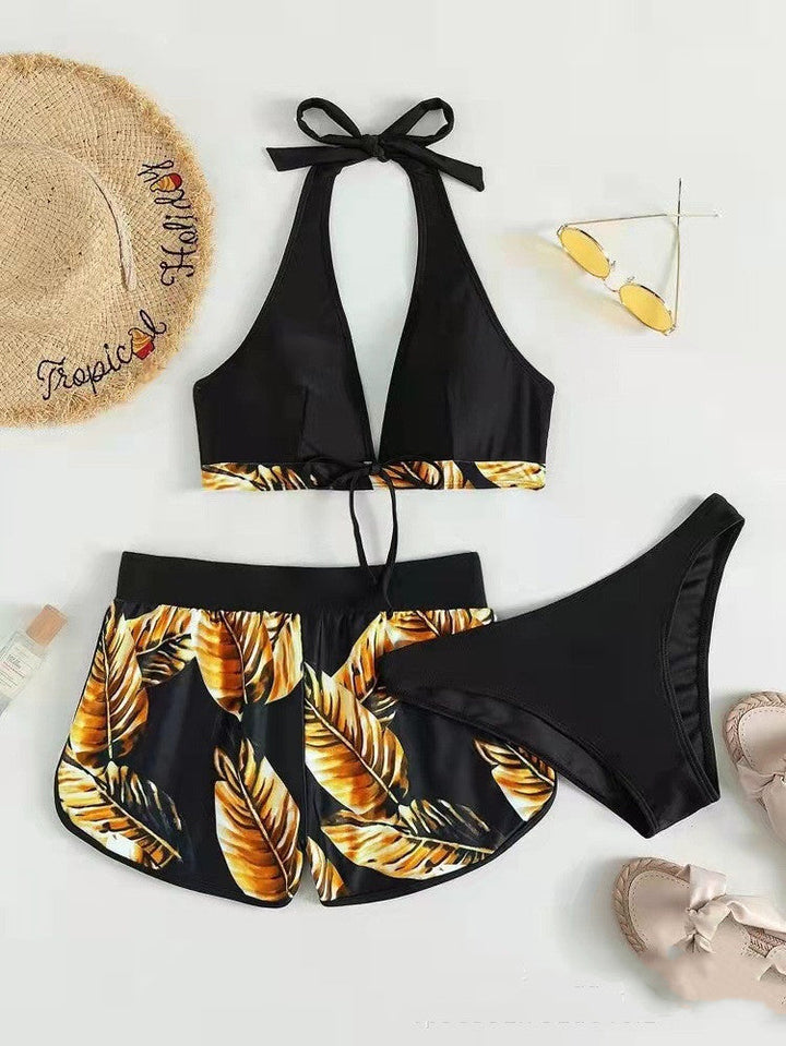 Three-Piece Halter Bikini with Fitted Shorts