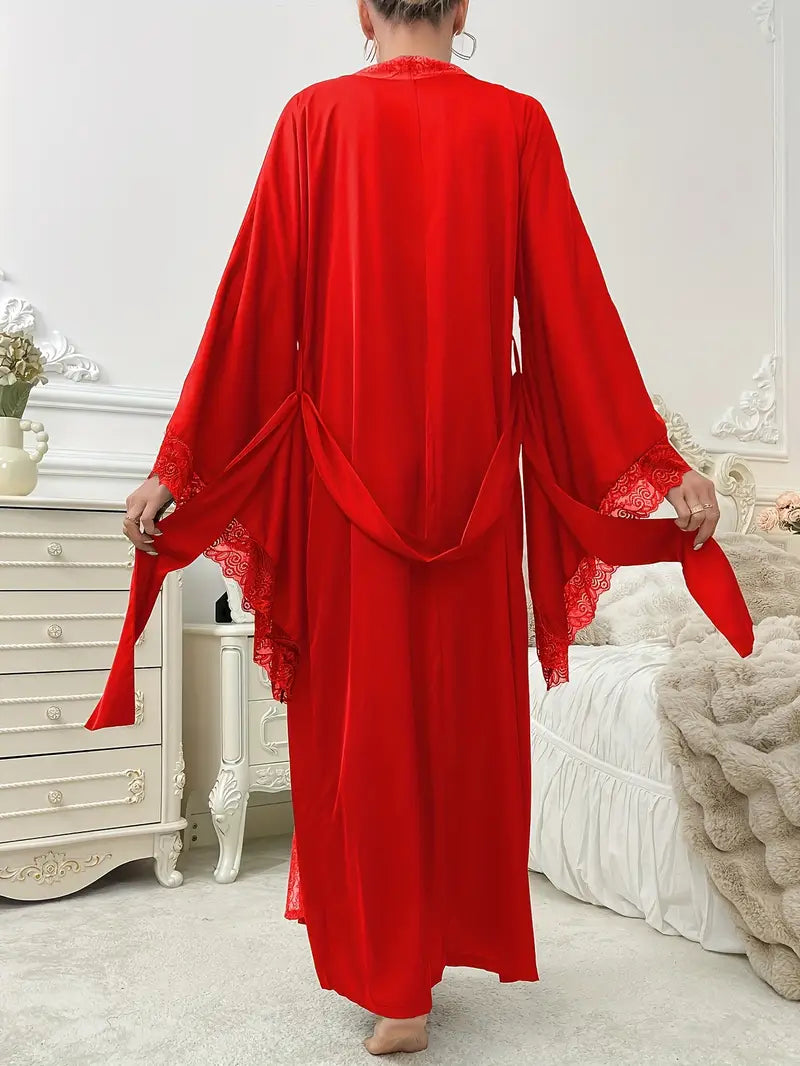 Women's Belted Lace Kimono with Wide Flowing Sleeves