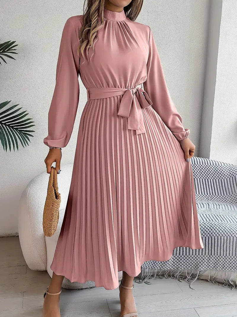 Women's Long-Sleeve Pleated Midi Dress with Matching Waist Belt